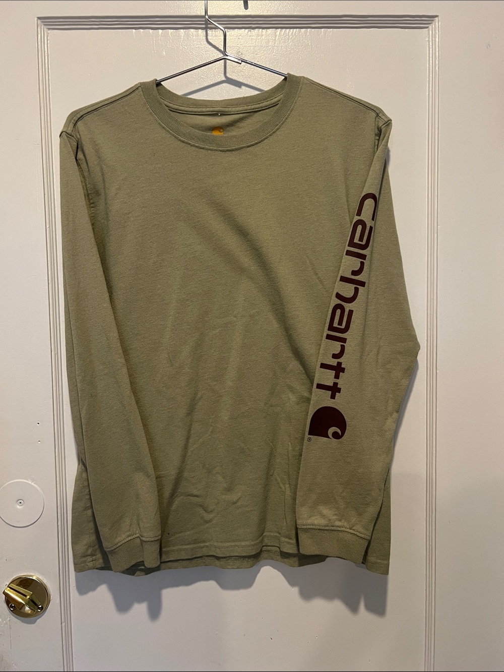 Carhartt Olive Green Long Sleeve Tee with Maroon Sleeve Logo